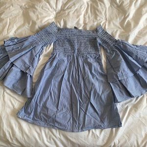 Aqua Off-the-Shoulder blue trumpet sleeve dress